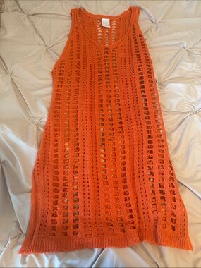 Sleeveless Crochet Swim Cover-Up Dress in Vibrant Orange